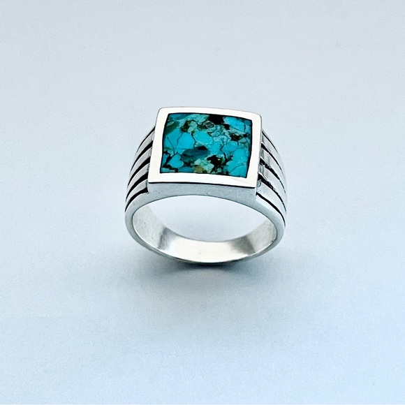 Sterling Silver Heavy Unisex Genuine Turquoise Ring, Statement Stone Rings - Picture 1 of 14